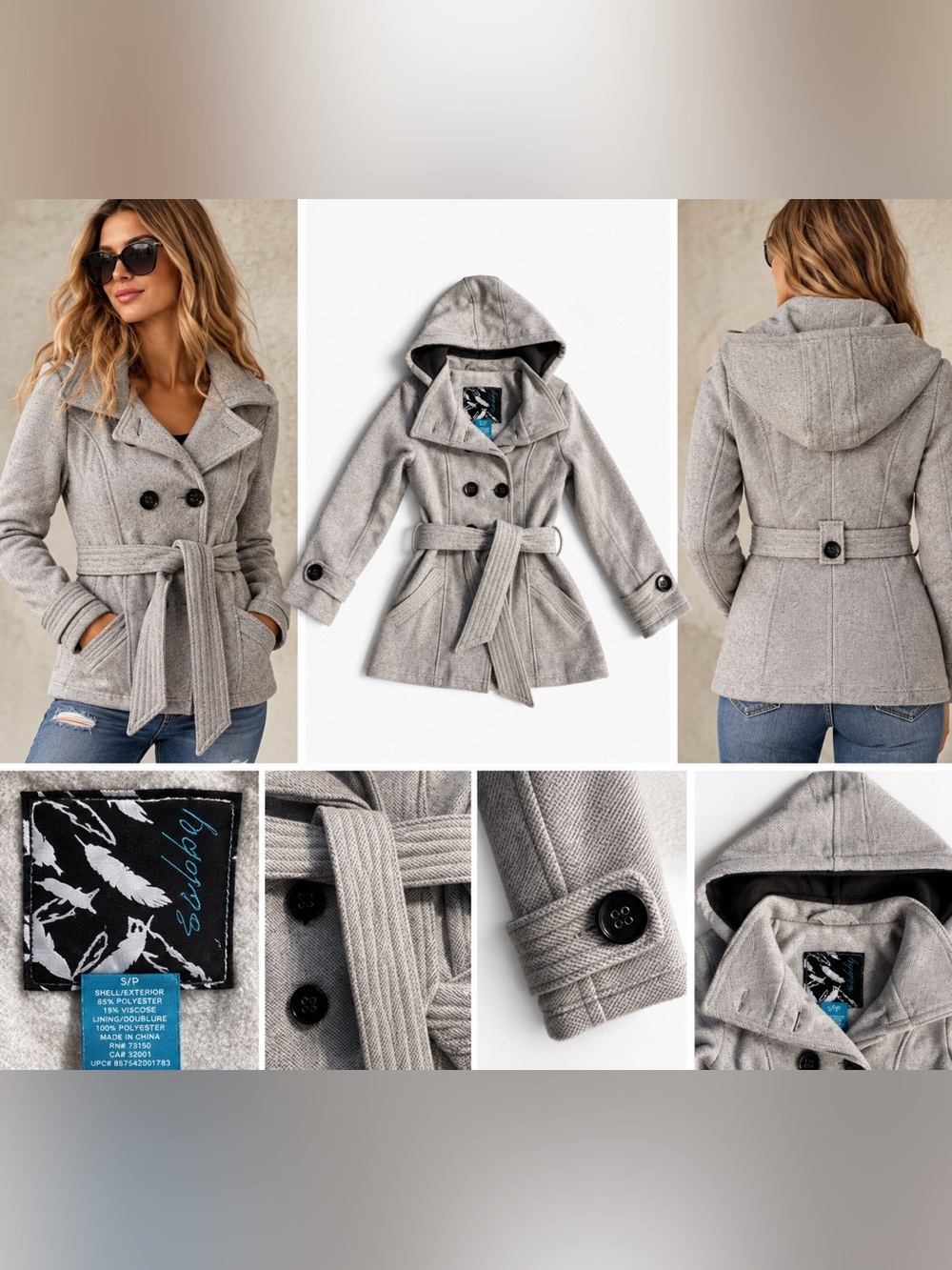 Sebby Collection Gray Hooded Belted Double Breasted Coat Small